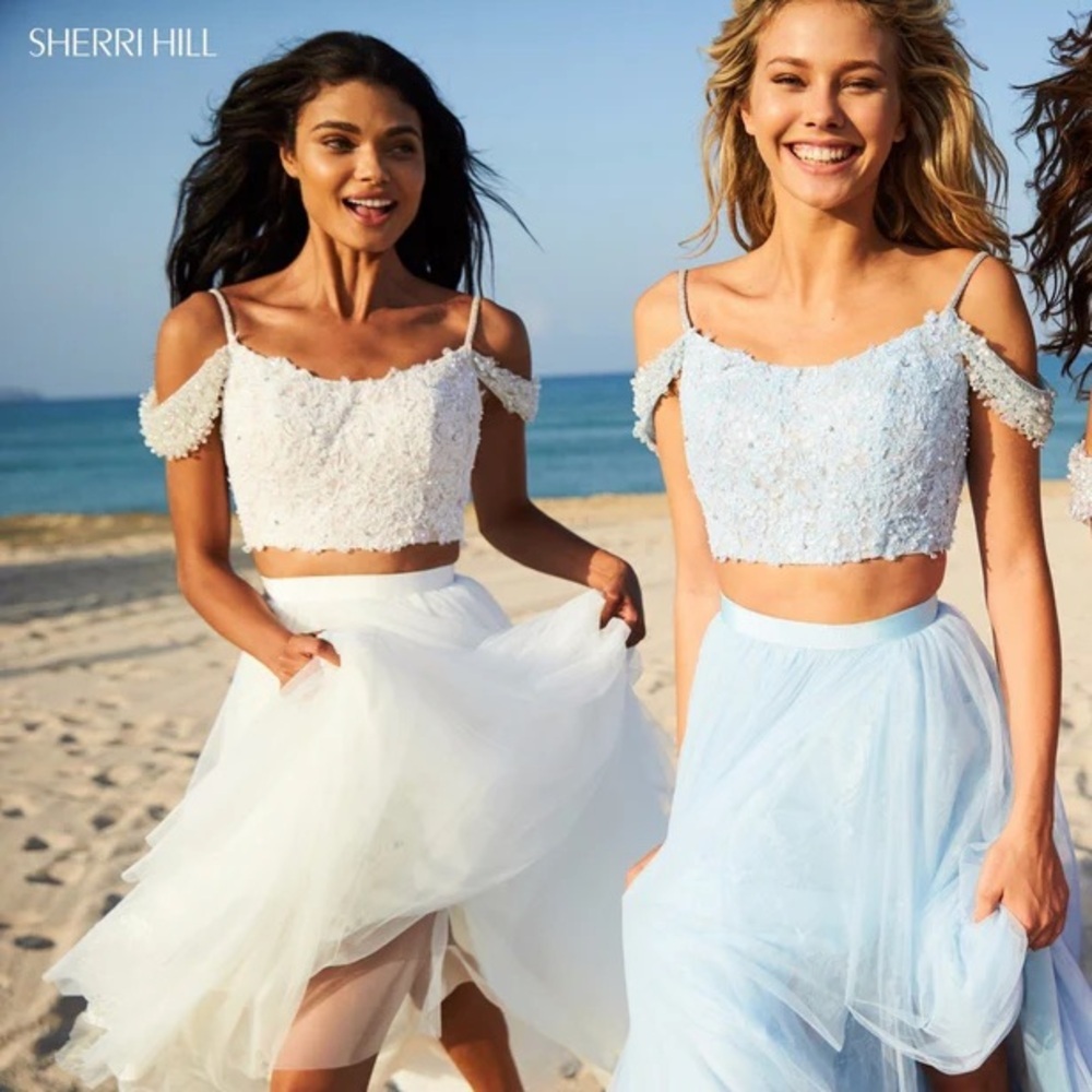 Sherri Hill White and Light Blue Two-Piece Prom Dress